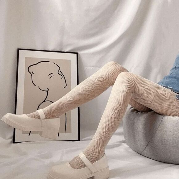 NWOT White Pentagram Print Fishnet Tights - One Size - Picture 1 of 1